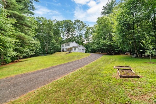 195 Crane Hollow Rd, Bethlehem, CT 06751 - view of grassy yard featuring a garden, a garage, and asphalt driveway