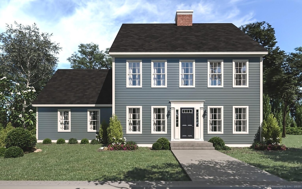 605 Higby Rd, Middletown, CT 06457 - colonial-style house featuring a chimney, a front yard, and a shingled roof