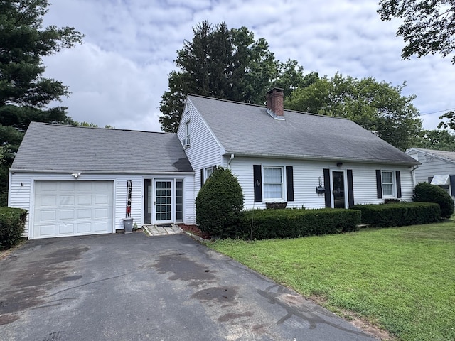 190 Elm St, Windsor Locks, CT 06096 - cape cod home featuring a chimney, a garage, asphalt driveway, a front lawn, and roof with shingles