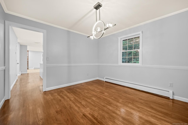 7 Woodmont Rd, Avon, CT 06001 - unfurnished room with a baseboard heating unit, wood finished floors, a chandelier, crown molding, and a baseboard radiator