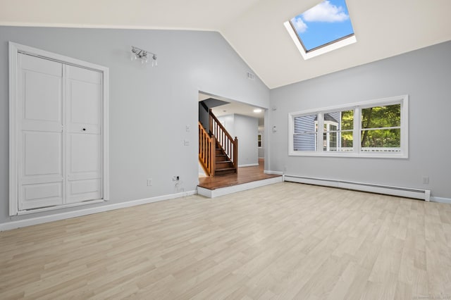 7 Woodmont Rd, Avon, CT 06001 - unfurnished living room featuring a baseboard heating unit, stairway, a skylight, light wood finished floors, and high vaulted ceiling