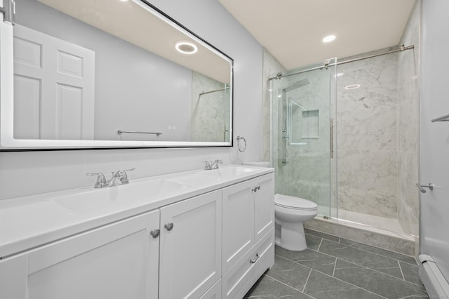 7 Woodmont Rd, Avon, CT 06001 - full bathroom featuring a baseboard radiator, double vanity, a marble finish shower, tile patterned floors, and recessed lighting