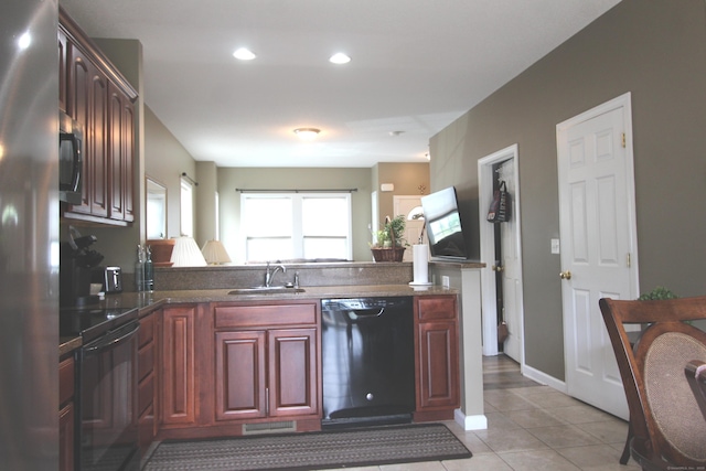 3 Holly Ln Unit 3, Farmington, CT 06085 - kitchen featuring black appliances, light tile patterned floors, dark brown cabinets, a peninsula, and recessed lighting
