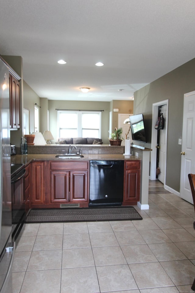 3 Holly Ln Unit 3, Farmington, CT 06085 - kitchen featuring black appliances, open floor plan, light tile patterned floors, dark brown cabinets, and recessed lighting
