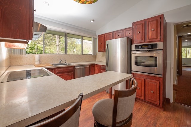 87 Pleasant Dr, Bethany, CT 06524 - kitchen featuring appliances with stainless steel finishes, vaulted ceiling, light countertops, dark wood finished floors, and a breakfast bar