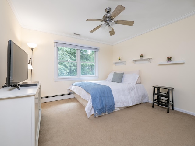 58 Longmeadows Rd, Wilton, CT 06897 - bedroom featuring a baseboard radiator, ornamental molding, light colored carpet, and a ceiling fan