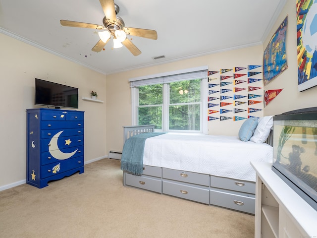 58 Longmeadows Rd, Wilton, CT 06897 - bedroom featuring baseboard heating, crown molding, carpet, and ceiling fan