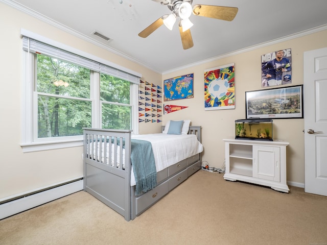 58 Longmeadows Rd, Wilton, CT 06897 - bedroom with carpet, crown molding, baseboard heating, and ceiling fan