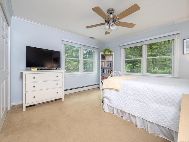 58 Longmeadows Rd, Wilton, CT 06897 - bedroom with a baseboard heating unit, ornamental molding, light carpet, and ceiling fan