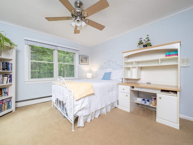 58 Longmeadows Rd, Wilton, CT 06897 - bedroom with a baseboard radiator, ornamental molding, light carpet, and a ceiling fan
