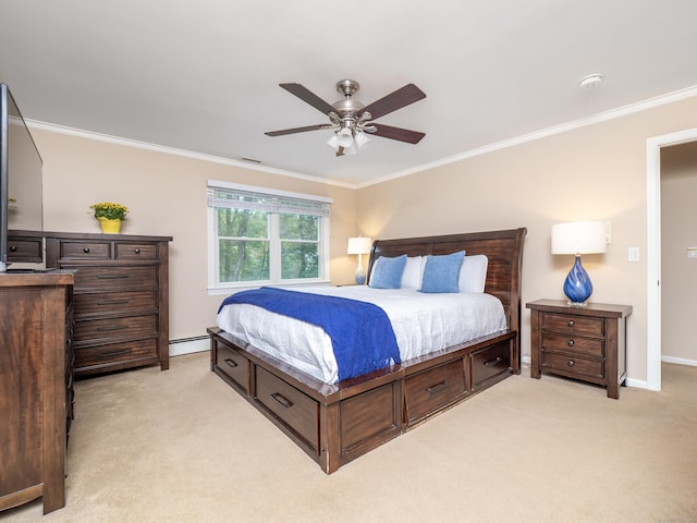 58 Longmeadows Rd, Wilton, CT 06897 - bedroom with light colored carpet, crown molding, a ceiling fan, and a baseboard heating unit