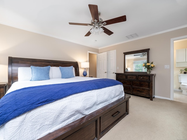 58 Longmeadows Rd, Wilton, CT 06897 - bedroom featuring crown molding, light carpet, ceiling fan, and ensuite bathroom