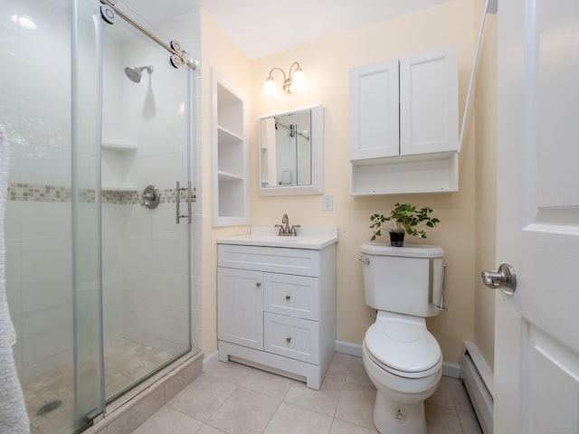 58 Longmeadows Rd, Wilton, CT 06897 - full bathroom with baseboard heating, a shower stall, vanity, and tile patterned floors