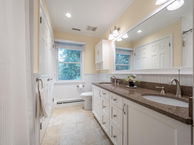 58 Longmeadows Rd, Wilton, CT 06897 - bathroom with a baseboard radiator, double vanity, wainscoting, tile patterned flooring, and ornamental molding