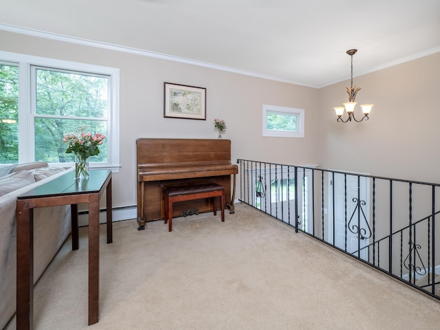 58 Longmeadows Rd, Wilton, CT 06897 - sitting room featuring a baseboard radiator, a chandelier, crown molding, and carpet floors