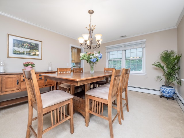 58 Longmeadows Rd, Wilton, CT 06897 - dining area with a chandelier, ornamental molding, a baseboard radiator, and light carpet