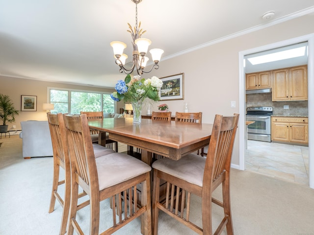 58 Longmeadows Rd, Wilton, CT 06897 - dining space featuring light colored carpet, a chandelier, and ornamental molding