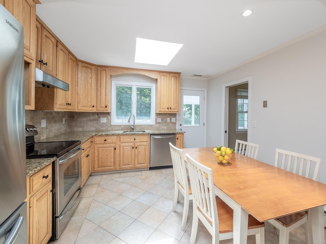 58 Longmeadows Rd, Wilton, CT 06897 - kitchen with appliances with stainless steel finishes, a skylight, under cabinet range hood, tasteful backsplash, and light stone countertops