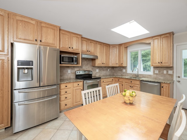58 Longmeadows Rd, Wilton, CT 06897 - kitchen featuring appliances with stainless steel finishes, a skylight, under cabinet range hood, and tasteful backsplash