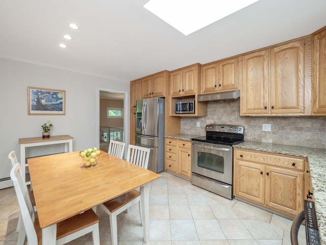 58 Longmeadows Rd, Wilton, CT 06897 - kitchen featuring appliances with stainless steel finishes, under cabinet range hood, decorative backsplash, light stone counters, and light tile patterned floors