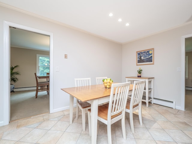 58 Longmeadows Rd, Wilton, CT 06897 - dining area featuring a baseboard radiator, ornamental molding, recessed lighting, and light tile patterned floors