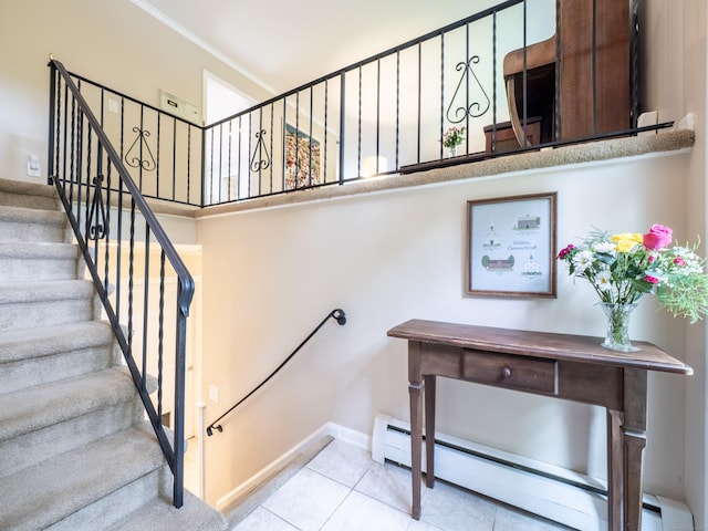 58 Longmeadows Rd, Wilton, CT 06897 - stairway with a baseboard heating unit, tile patterned floors, and ornamental molding