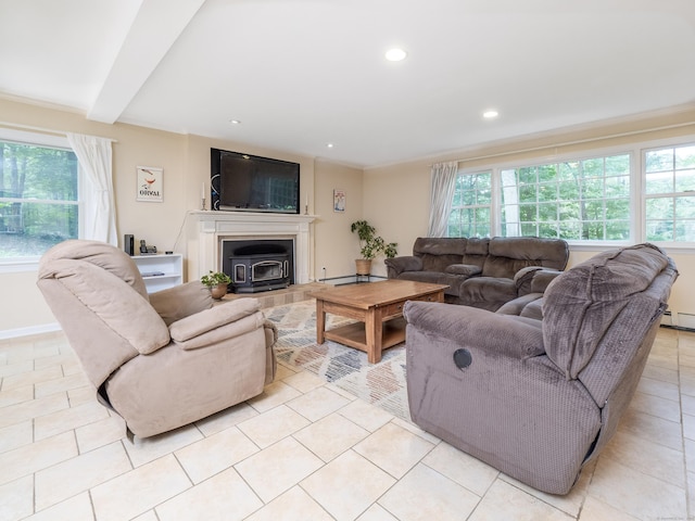 58 Longmeadows Rd, Wilton, CT 06897 - living room with plenty of natural light, a baseboard radiator, light tile patterned flooring, and recessed lighting