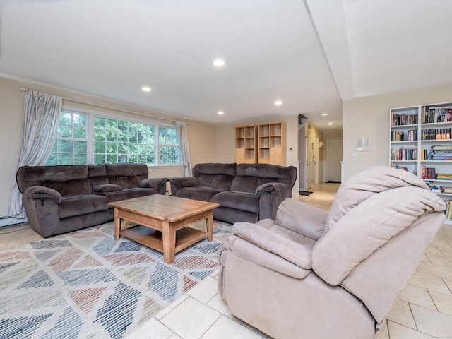 58 Longmeadows Rd, Wilton, CT 06897 - living room featuring light tile patterned floors, recessed lighting, and crown molding