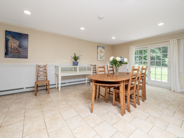 58 Longmeadows Rd, Wilton, CT 06897 - dining space with recessed lighting, ornamental molding, wainscoting, baseboard heating, and light tile patterned floors