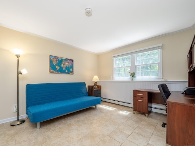 58 Longmeadows Rd, Wilton, CT 06897 - office area with a baseboard radiator, crown molding, wainscoting, and light tile patterned floors