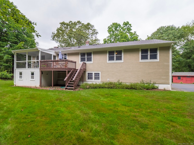 58 Longmeadows Rd, Wilton, CT 06897 - back of property featuring stairway, a deck, a chimney, a lawn, and a sunroom