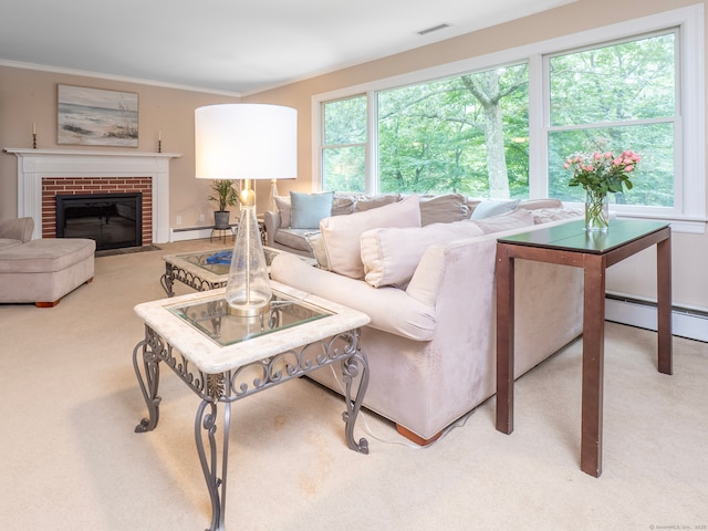 58 Longmeadows Rd, Wilton, CT 06897 - living area with light colored carpet, a baseboard heating unit, ornamental molding, and a fireplace