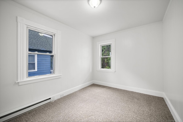 220 Hillside Ave, Waterbury, CT 06710 - empty room featuring carpet floors, a baseboard heating unit, and ornamental molding