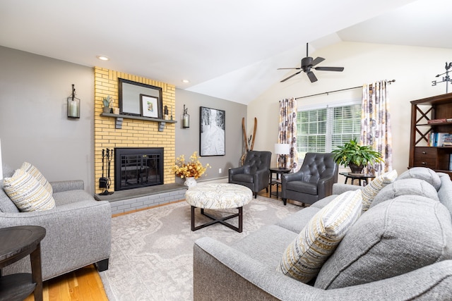 89 Honey Hill Rd, New Hartford, CT 06057 - living area with ceiling fan, wood finished floors, vaulted ceiling, a fireplace, and recessed lighting
