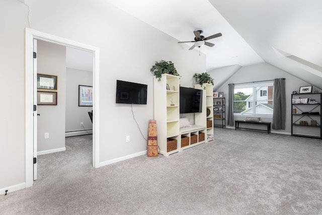 89 Honey Hill Rd, New Hartford, CT 06057 - living room with a baseboard radiator, carpet floors, a ceiling fan, and lofted ceiling