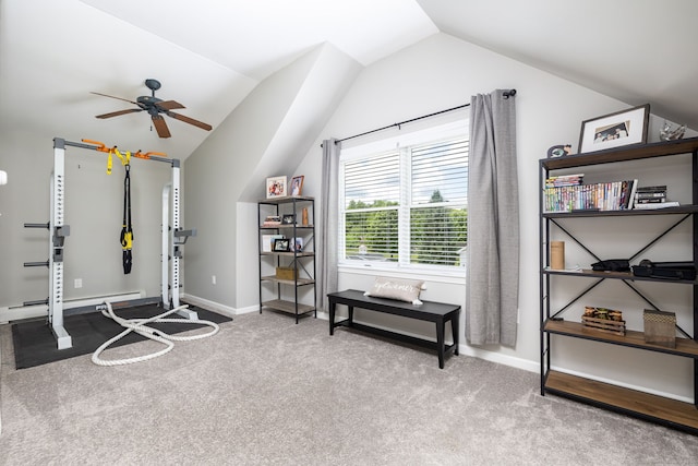 89 Honey Hill Rd, New Hartford, CT 06057 - exercise room with vaulted ceiling, carpet flooring, baseboard heating, and a ceiling fan