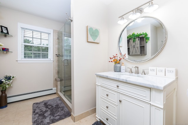 89 Honey Hill Rd, New Hartford, CT 06057 - full bath featuring a baseboard heating unit, vanity, a shower stall, and tile patterned flooring