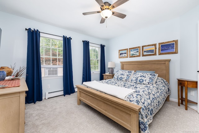 89 Honey Hill Rd, New Hartford, CT 06057 - bedroom with a baseboard heating unit, light colored carpet, and a ceiling fan