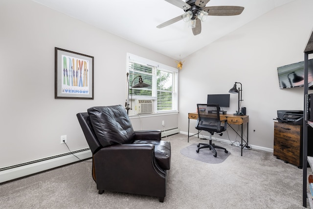 89 Honey Hill Rd, New Hartford, CT 06057 - office area featuring a baseboard heating unit, carpet floors, cooling unit, a ceiling fan, and lofted ceiling