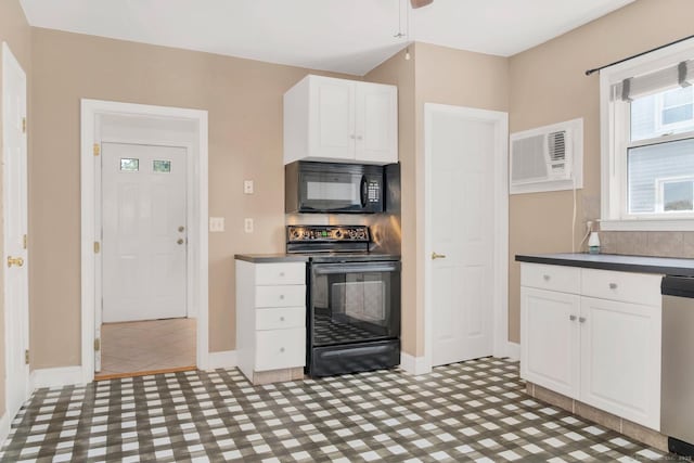 17 Walden Ave, New London, CT 06320 - kitchen with black appliances, white cabinetry, a wall mounted air conditioner, dark countertops, and a ceiling fan