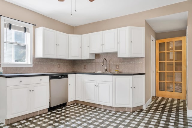 17 Walden Ave, New London, CT 06320 - kitchen featuring dishwasher, dark countertops, white cabinetry, and tasteful backsplash