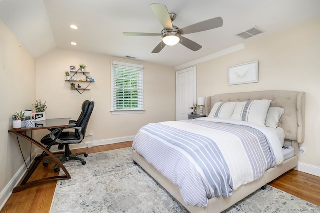 285 Westover Rd, Stamford, CT 06902 - bedroom with wood finished floors, a desk, a ceiling fan, lofted ceiling, and recessed lighting