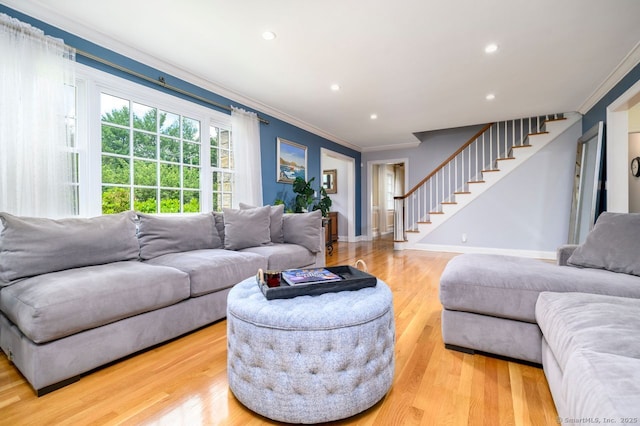 285 Westover Rd, Stamford, CT 06902 - living room with crown molding, stairs, light wood-style floors, and recessed lighting
