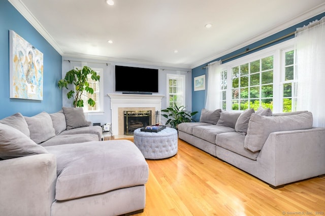 285 Westover Rd, Stamford, CT 06902 - living room featuring ornamental molding, wood finished floors, a high end fireplace, and recessed lighting