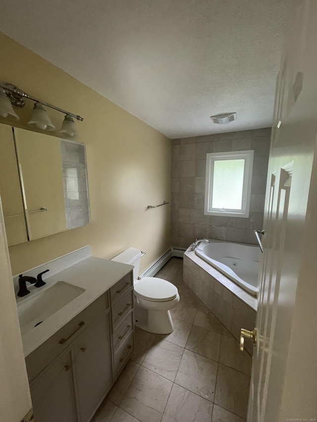 37 W Normandy Dr, West Hartford, CT 06107 - full bath with baseboard heating, a tub with jets, vanity, and marble look tiles
