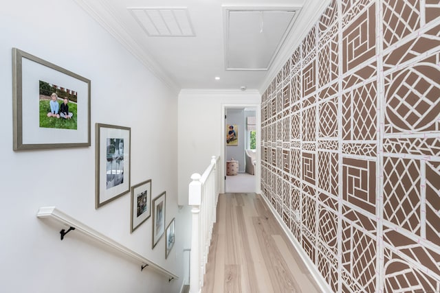 10 Pine Brook Ln Unit 10, Darien, CT 06820 - corridor featuring an upstairs landing, wood finished floors, crown molding, attic access, and recessed lighting