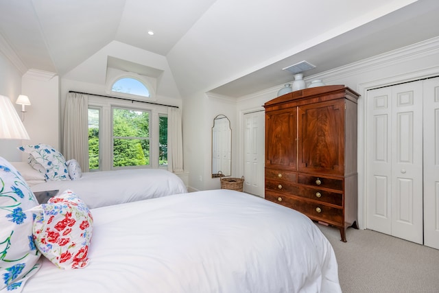 10 Pine Brook Ln Unit 10, Darien, CT 06820 - bedroom featuring vaulted ceiling, light colored carpet, and ornamental molding