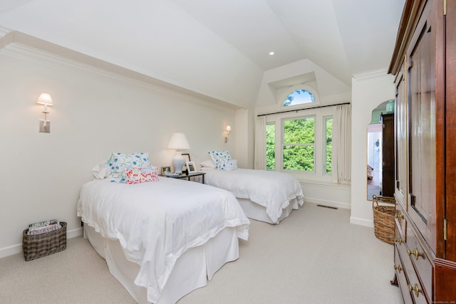 10 Pine Brook Ln Unit 10, Darien, CT 06820 - bedroom with lofted ceiling, light colored carpet, and ornamental molding