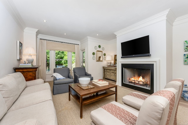 10 Pine Brook Ln Unit 10, Darien, CT 06820 - living room featuring a warm lit fireplace, crown molding, and recessed lighting