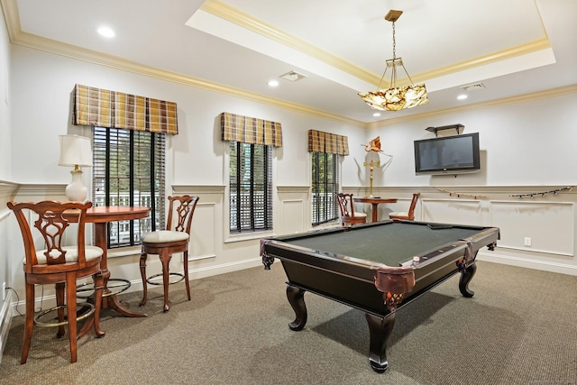 7 Still Water Cir Unit 7, Brookfield, CT 06804 - playroom featuring crown molding, a raised ceiling, carpet floors, a wainscoted wall, and billiards table